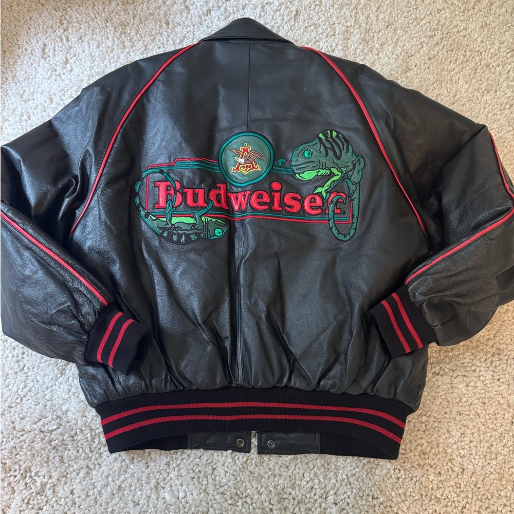 Budweiser Black Bomber Jacket with Red Stripes size large brand new